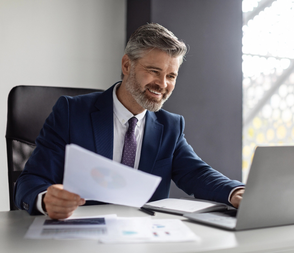 Professional business man smiling tablet